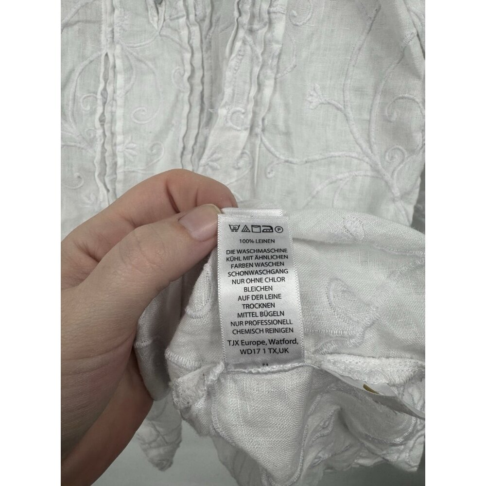 Kenar 100% Linen Shirt Women XL White Embroidered Roll Tab Sleeve Coastal Beach - Picture 5 of 8
